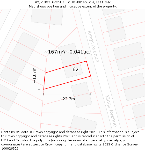 62, KINGS AVENUE, LOUGHBOROUGH, LE11 5HY: Plot and title map