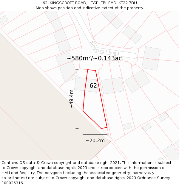 62, KINGSCROFT ROAD, LEATHERHEAD, KT22 7BU: Plot and title map