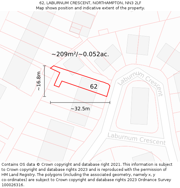 62, LABURNUM CRESCENT, NORTHAMPTON, NN3 2LF: Plot and title map