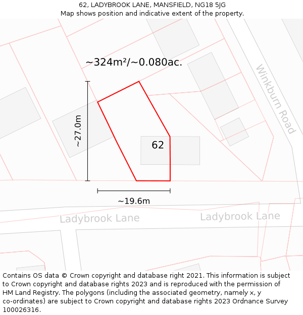 62, LADYBROOK LANE, MANSFIELD, NG18 5JG: Plot and title map