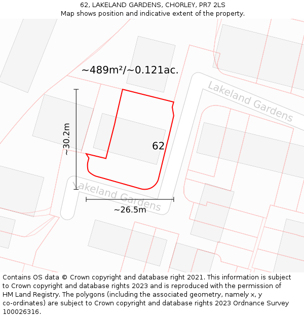 62, LAKELAND GARDENS, CHORLEY, PR7 2LS: Plot and title map