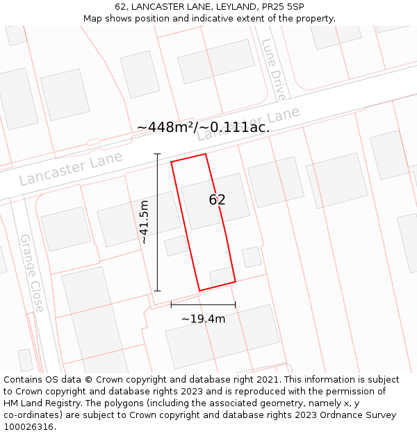 62, LANCASTER LANE, LEYLAND, PR25 5SP: Plot and title map