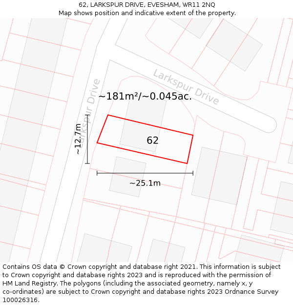 62, LARKSPUR DRIVE, EVESHAM, WR11 2NQ: Plot and title map