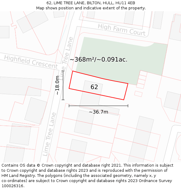 62, LIME TREE LANE, BILTON, HULL, HU11 4EB: Plot and title map
