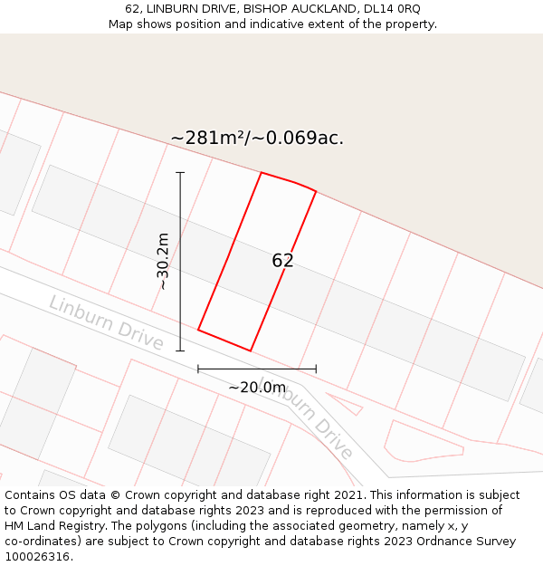 62, LINBURN DRIVE, BISHOP AUCKLAND, DL14 0RQ: Plot and title map