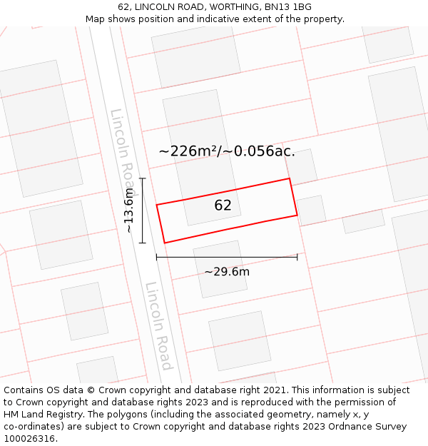 62, LINCOLN ROAD, WORTHING, BN13 1BG: Plot and title map