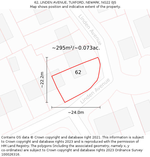 62, LINDEN AVENUE, TUXFORD, NEWARK, NG22 0JS: Plot and title map