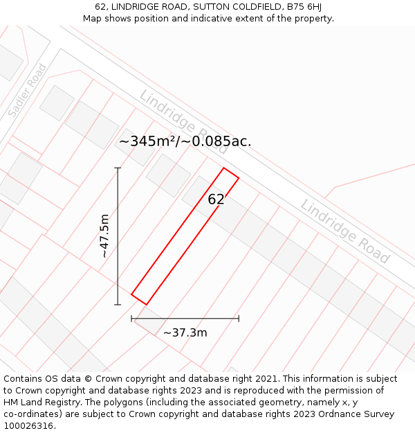 62, LINDRIDGE ROAD, SUTTON COLDFIELD, B75 6HJ: Plot and title map