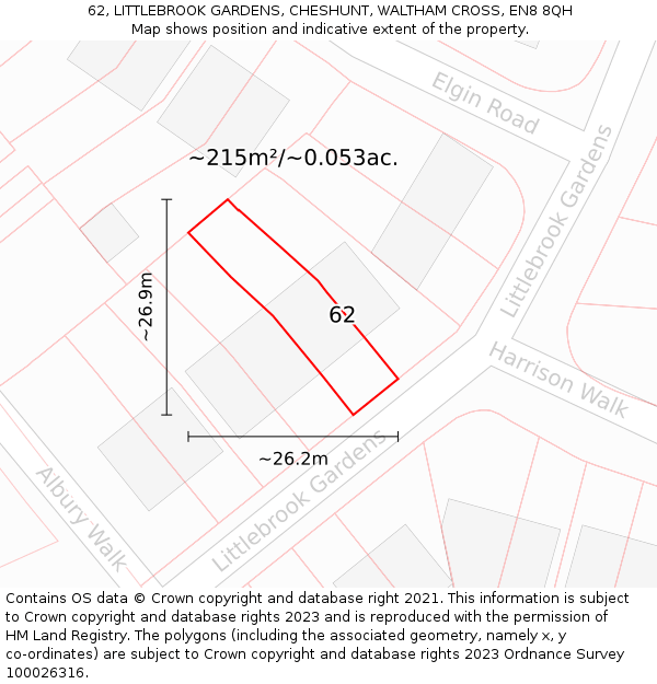 62, LITTLEBROOK GARDENS, CHESHUNT, WALTHAM CROSS, EN8 8QH: Plot and title map