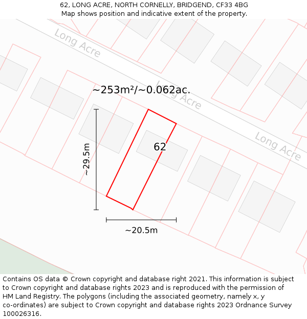 62, LONG ACRE, NORTH CORNELLY, BRIDGEND, CF33 4BG: Plot and title map