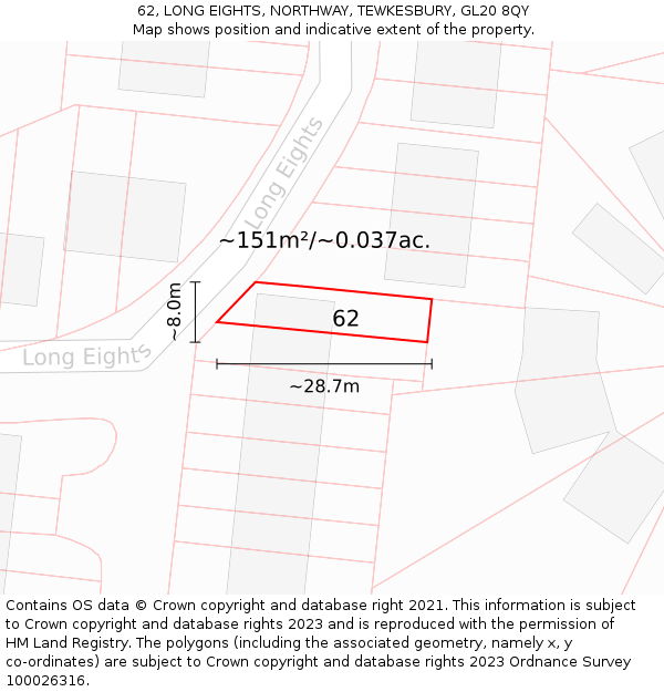 62, LONG EIGHTS, NORTHWAY, TEWKESBURY, GL20 8QY: Plot and title map