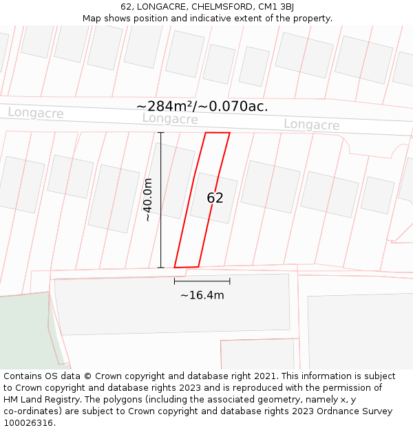 62, LONGACRE, CHELMSFORD, CM1 3BJ: Plot and title map