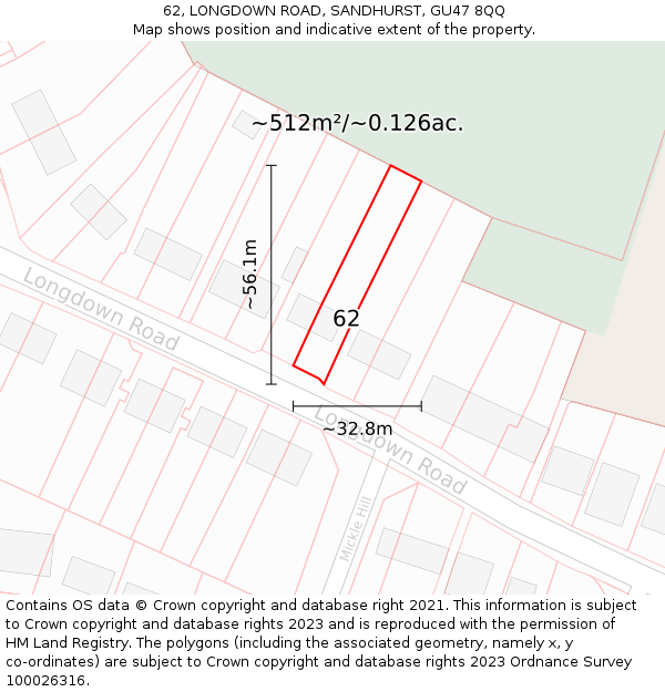 62, LONGDOWN ROAD, SANDHURST, GU47 8QQ: Plot and title map