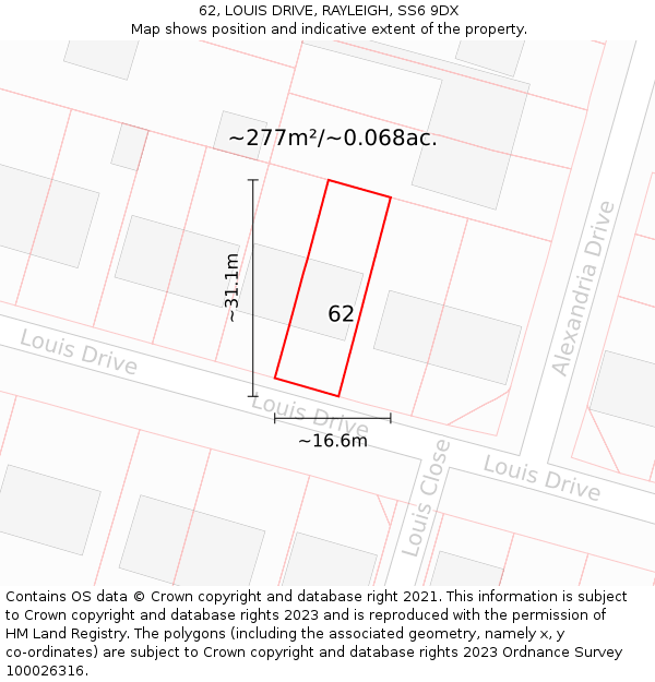 62, LOUIS DRIVE, RAYLEIGH, SS6 9DX: Plot and title map