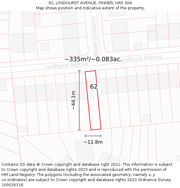 62, LYNDHURST AVENUE, PINNER, HA5 3XA: Plot and title map