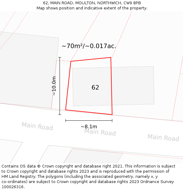 62, MAIN ROAD, MOULTON, NORTHWICH, CW9 8PB: Plot and title map