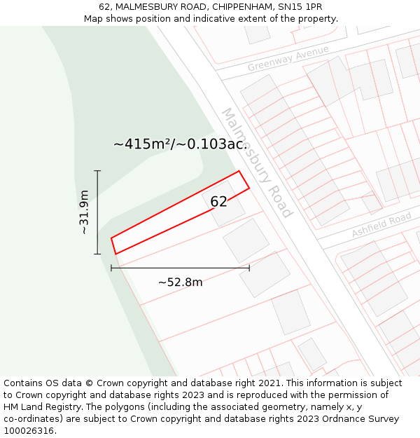 62, MALMESBURY ROAD, CHIPPENHAM, SN15 1PR: Plot and title map