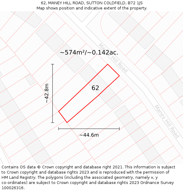 62, MANEY HILL ROAD, SUTTON COLDFIELD, B72 1JS: Plot and title map