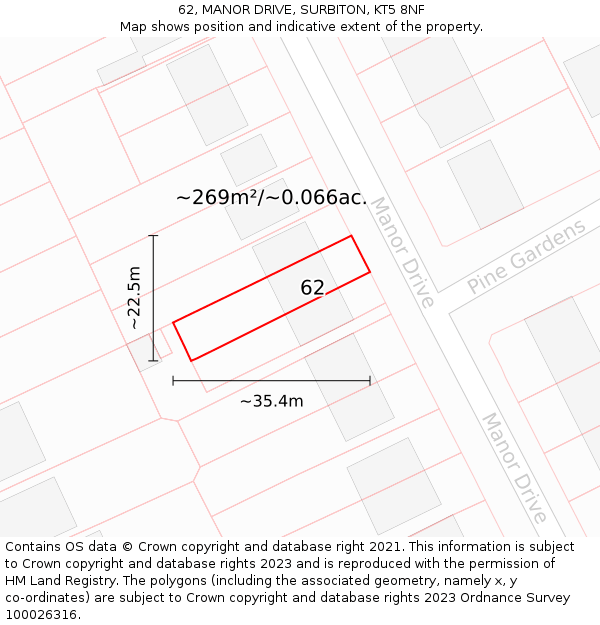 62, MANOR DRIVE, SURBITON, KT5 8NF: Plot and title map