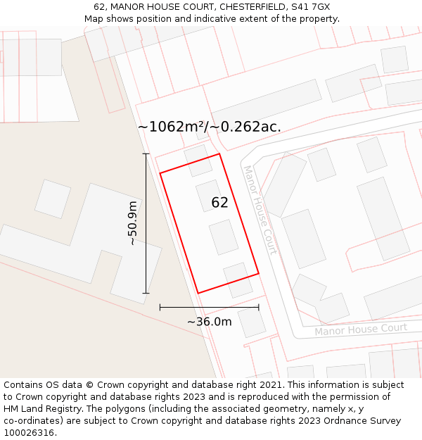 62, MANOR HOUSE COURT, CHESTERFIELD, S41 7GX: Plot and title map
