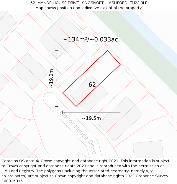 62, MANOR HOUSE DRIVE, KINGSNORTH, ASHFORD, TN23 3LP: Plot and title map