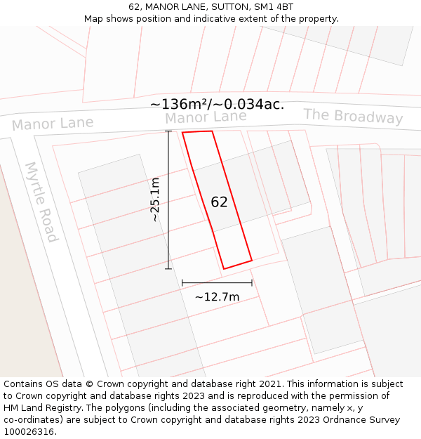 62, MANOR LANE, SUTTON, SM1 4BT: Plot and title map