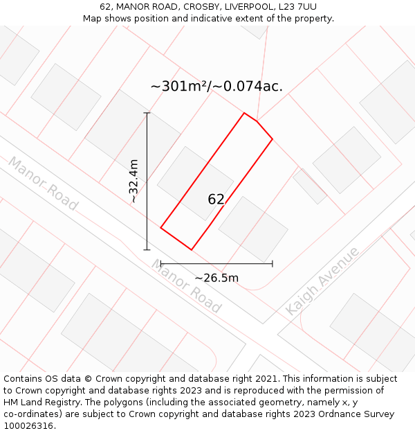 62, MANOR ROAD, CROSBY, LIVERPOOL, L23 7UU: Plot and title map