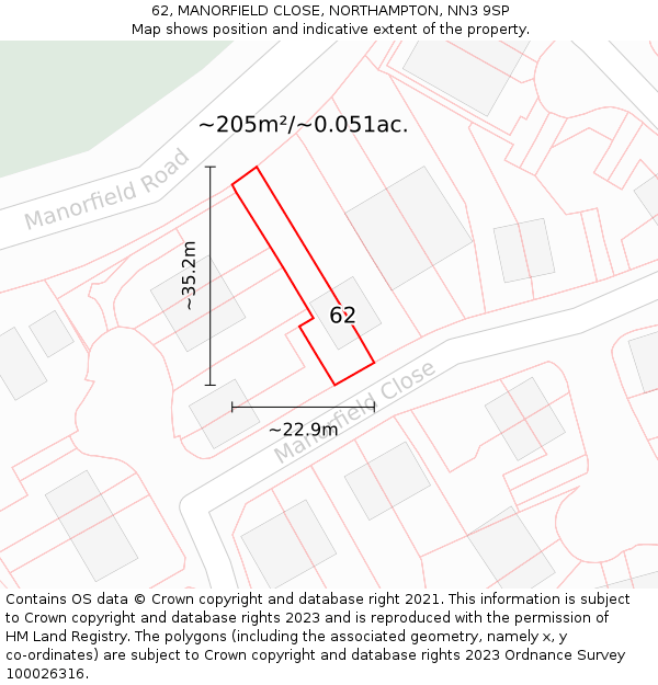 62, MANORFIELD CLOSE, NORTHAMPTON, NN3 9SP: Plot and title map