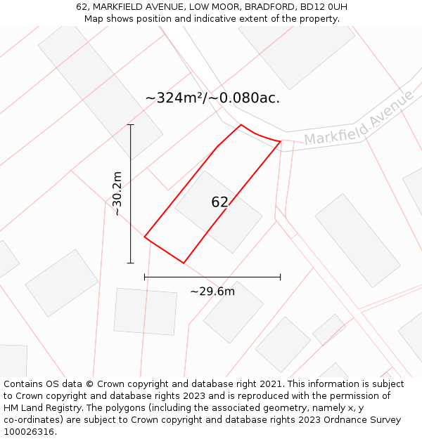 62, MARKFIELD AVENUE, LOW MOOR, BRADFORD, BD12 0UH: Plot and title map
