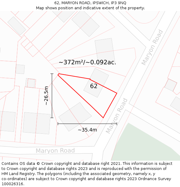62, MARYON ROAD, IPSWICH, IP3 9NQ: Plot and title map
