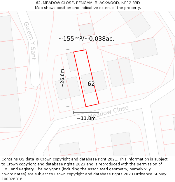62, MEADOW CLOSE, PENGAM, BLACKWOOD, NP12 3RD: Plot and title map