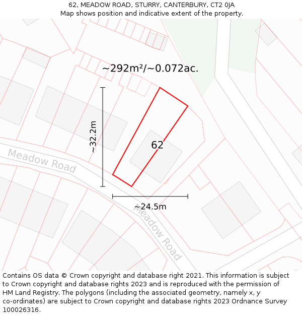 62, MEADOW ROAD, STURRY, CANTERBURY, CT2 0JA: Plot and title map