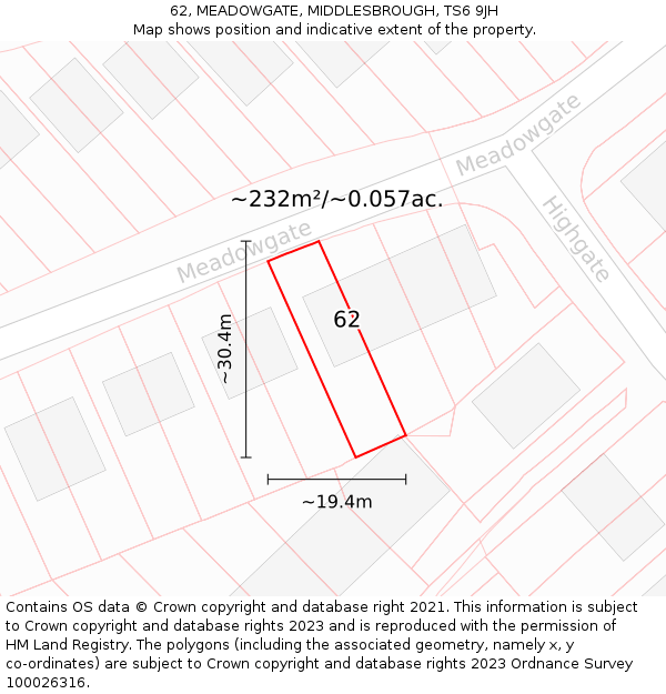 62, MEADOWGATE, MIDDLESBROUGH, TS6 9JH: Plot and title map
