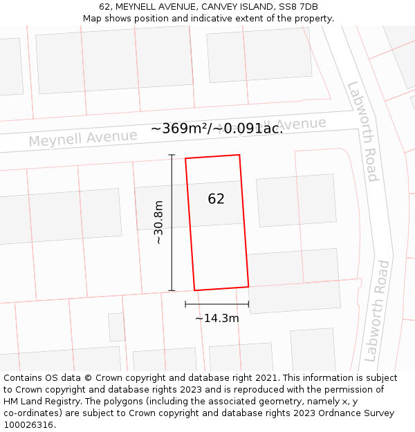 62, MEYNELL AVENUE, CANVEY ISLAND, SS8 7DB: Plot and title map