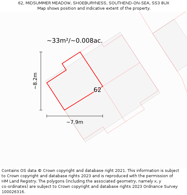 62, MIDSUMMER MEADOW, SHOEBURYNESS, SOUTHEND-ON-SEA, SS3 8UX: Plot and title map