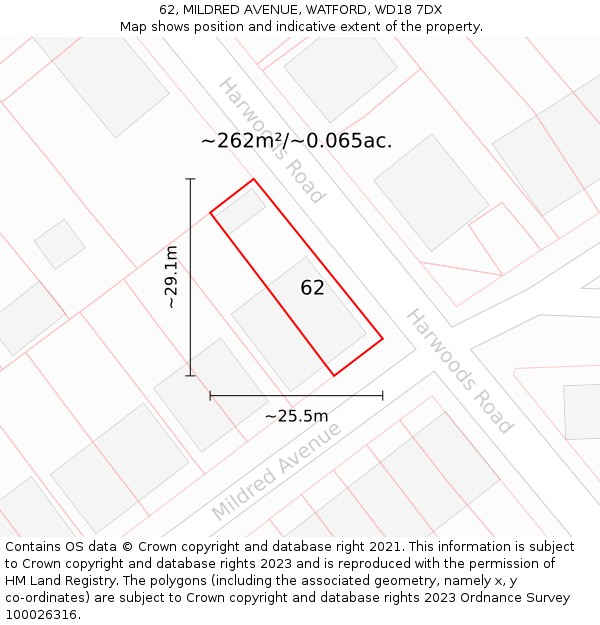 62, MILDRED AVENUE, WATFORD, WD18 7DX: Plot and title map
