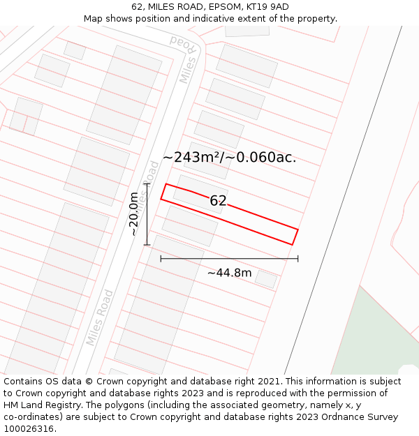 62, MILES ROAD, EPSOM, KT19 9AD: Plot and title map