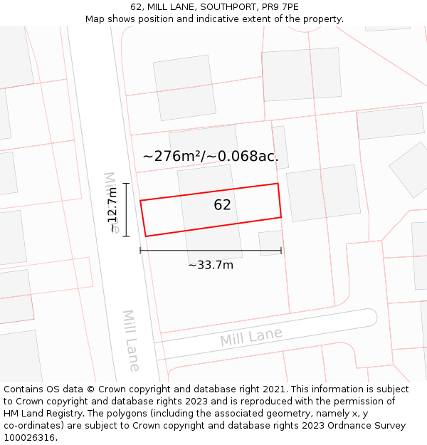 62, MILL LANE, SOUTHPORT, PR9 7PE: Plot and title map
