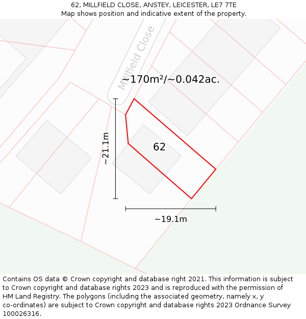 62, MILLFIELD CLOSE, ANSTEY, LEICESTER, LE7 7TE: Plot and title map