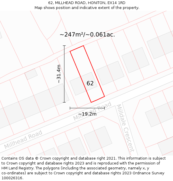 62, MILLHEAD ROAD, HONITON, EX14 1RD: Plot and title map