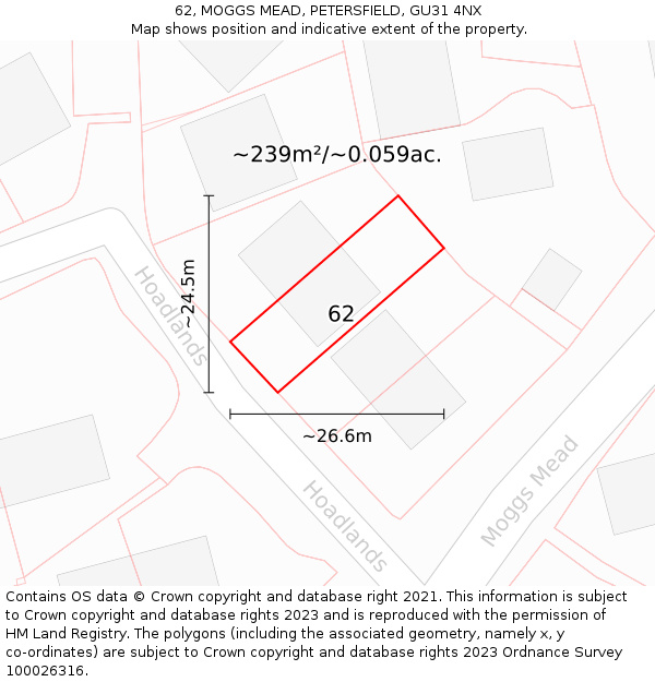 62, MOGGS MEAD, PETERSFIELD, GU31 4NX: Plot and title map
