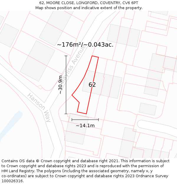 62, MOORE CLOSE, LONGFORD, COVENTRY, CV6 6PT: Plot and title map