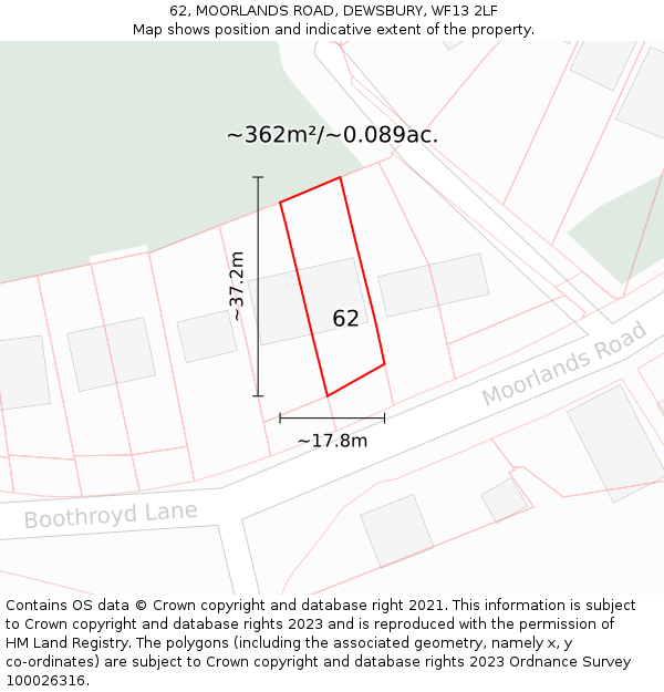 62, MOORLANDS ROAD, DEWSBURY, WF13 2LF: Plot and title map