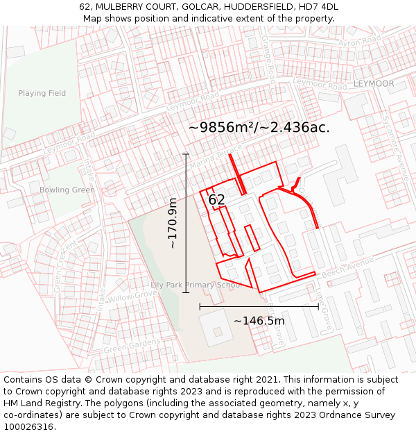 62, MULBERRY COURT, GOLCAR, HUDDERSFIELD, HD7 4DL: Plot and title map