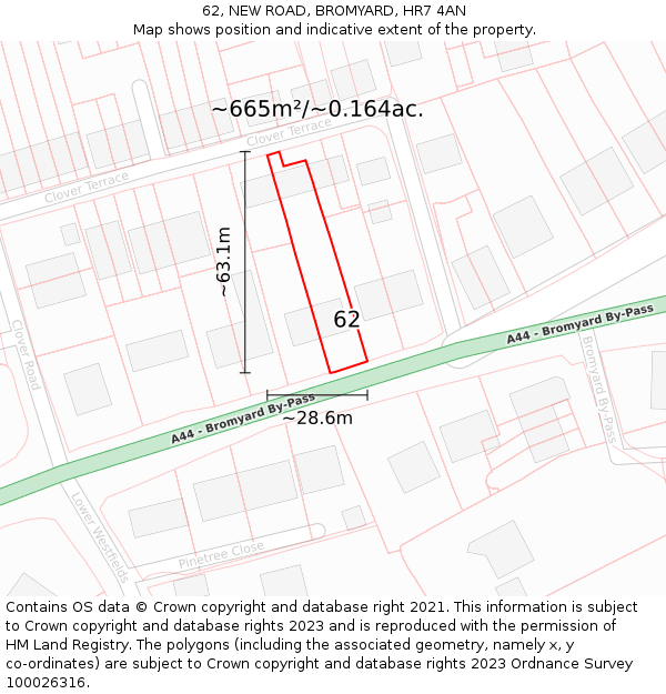 62, NEW ROAD, BROMYARD, HR7 4AN: Plot and title map