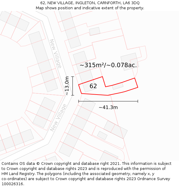 62, NEW VILLAGE, INGLETON, CARNFORTH, LA6 3DQ: Plot and title map