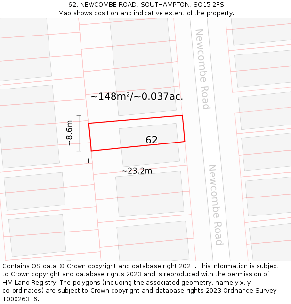 62, NEWCOMBE ROAD, SOUTHAMPTON, SO15 2FS: Plot and title map