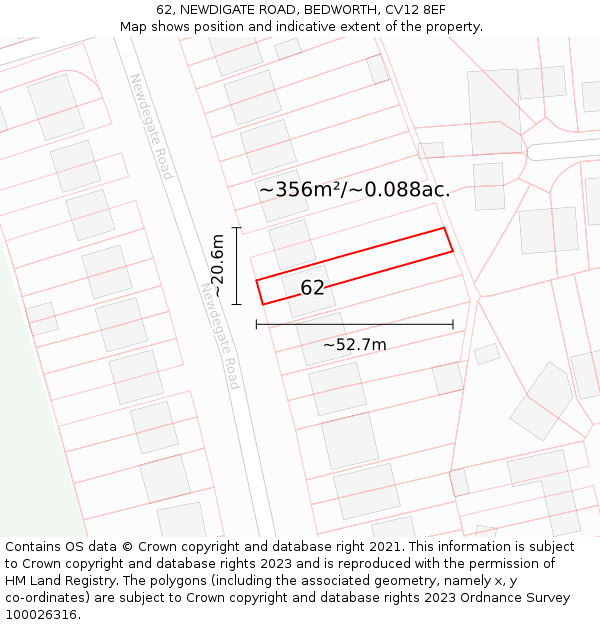 62, NEWDIGATE ROAD, BEDWORTH, CV12 8EF: Plot and title map