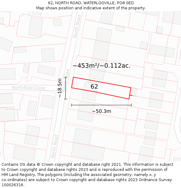 62, NORTH ROAD, WATERLOOVILLE, PO8 0ED: Plot and title map