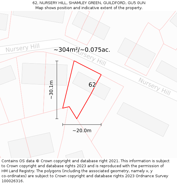 62, NURSERY HILL, SHAMLEY GREEN, GUILDFORD, GU5 0UN: Plot and title map